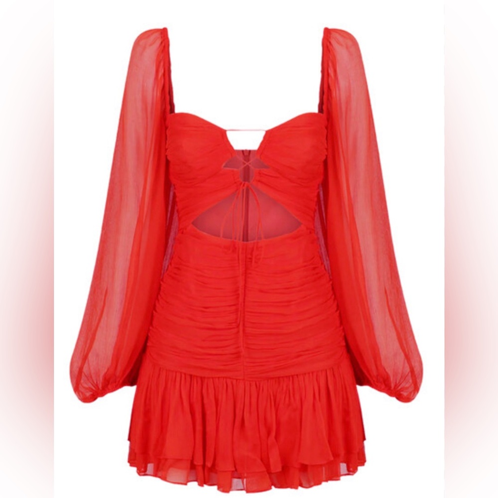 SHONA JOY Maya Balloon Sleeve Ruched Lace Up Mini Dress